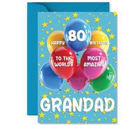 Grandad 80th Birthday Card - Worlds Most Amazing - Happy Birthday Card for 80 Year Old Grandad from Grandson Granddaughter, A5 Balloons and Stars Bday Greeting Cards