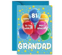 Grandad 81st Birthday Card - Worlds Most Amazing - Happy Birthday Card for 81 Year Old Grandad from Grandson Granddaughter, A5 Balloons and Stars Bday Greeting Cards