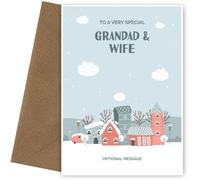 Grandad and Wife Christmas Card - Personalised Xmas Greetings Card with a Cute Winter Village and Snowy Landscape - UK Made, Grandad and Wife, Christmas Cards
