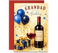 Grandad Birthday Card - Red Wine and Gift Traditional Design - A5 Size Card with Red Envelope, Made in UK