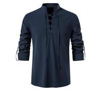 Grandad Collar Steampunk Henley Shirts for Men - Pirate Costume T Shirts (Navy, M)