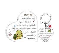 Grandad Gifts Fathers Day Acrylic Plaque Keychain 2PC Set Birthday Christmas Appreciate Gifts Granddad Heart Signs Family Turtle Desk Signs Men Keyring GrandPapa Retirement Thanksgiving Souvenirs