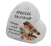 Grandad Memorial Heart Ornament with Robin and Floral Stone Effect Plaque