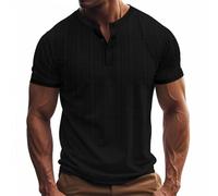Grandad Shirt Breathable Short Sleeve Plus Size Collarless Shirts Crewneck 3 Buttons Henley Shirt Plain Summer Tshirt Cotton Linen Casual Tops Black