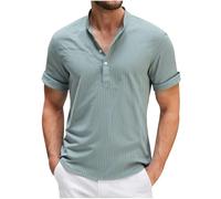 Grandad Shirt Summer Mock Neck Short Sleeve Mens Henley T Shirts Casual Cotton Linen Striped Tee Beach Holiday Collarless Shirts Lounge Comfy Tshirt Mint Green