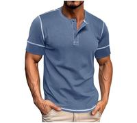 Grandad Shirts for Men 3 Button Henley Shirts for Men Short Sleeve Collarless Shirts Plus Size Men T Shirt Round Neck Man Shirt Spring Summer Men's Tops Casual Mens Pullover Blue