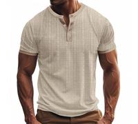 Grandad Shirts for Men Casual Cotton Linen Plus Size Collarless Shirt Summer 3 Buttons Henley Tshirt Short Sleeve Breathable Tops Plain Crewneck T-Shirts Khaki
