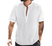 Grandad Shirts for Men Mens Henley T Shirts Button Summer for Men Round Neck Short Sleeve Lightweight Mens Collarless Solid Color Beach Shirt Holiday White