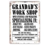 Grandad's Workshop - WHITE - Metal Wall Sign Plaque (Small - Sticky Pads)