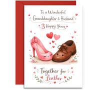 Grandaughter & Husband 3rd Anniversary Card - Cute Pair of Shoes with Hearts Design - 3rd Leather Anniversary Card - A5 Size Card with Red Envelope