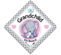Grandchild On Board Car Sign, Elephant and Rabbit Grandchild On Board Sign, Baby on Board Sign with Suction Cup Attachment for Grandchildren on Board