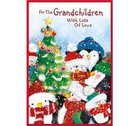 Grandchildren Christmas Card - Penguins and Xmas Tree with Red Foil 7.5x5.5"