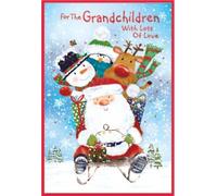 Grandchildren Christmas Card - Santa and Friends on Sledge with Red Foil 7.5x5.5"
