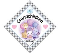 Grandchildren On Board Car Sign Cute Animals, Baby On Board Sign, Grandchild On Board, Designed to Let Other Road Users a Child is in The Car, 14 cm x 14cm x 2cm