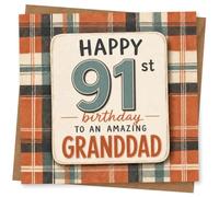 Granddad 91st Birthday Card, 91st Birthday Card for Grandad, Happy to an Amazing Grandad Plaid Design