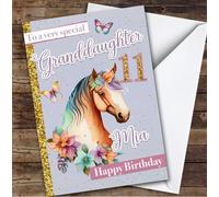 Granddaughter 11th Floral Horse Riding Fan Custom Personalised Birthday Card - Personalised Birthday Greeting Card for Kids, Custom Birthday Card