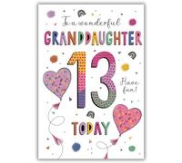 Granddaughter 13th Birthday Card - Age 13 - Heart Balloons and Rainbows Design - Special Finishes and Illustrated Insert Leaf - Made in the UK - Eco-Friendly