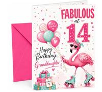 Granddaughter 14th Birthday Card Flamingo on Roller Skates | Large A5 Card with Printed Inside Message; Cheerful flamingo-on-roller-skates with balloons for Granddaughter 14th Birthday