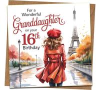 Granddaughter 16th Birthday Card - Paris Eiffel Tower Design - 145mm x 145mm Square - Luxury Greeting with Kraft Envelope - Sweet Sixteen Card for Wonderful Granddaughter
