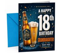 Granddaughter 18th Birthday Card Beer Bottle and Pint Glass | Large A5 Card with Printed Inside Message; Blue and gold confetti with a beer bottle for Granddaughter 18th Birthday