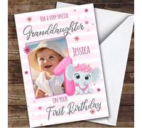 Granddaughter 1st Pink Floral Elephant Photo Custom Personalised Birthday Card - Personalised Birthday Card For 1st Birthday, Custom Birthday Card