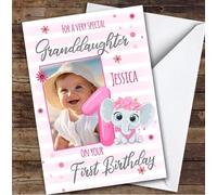 Granddaughter 1st Pink Floral Elephant Photo Custom Personalised Birthday Card - Personalised Birthday Greeting Card for Kids, Custom Birthday Card