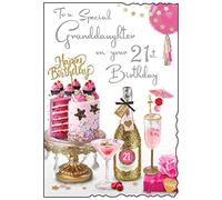 Granddaughter 21st Birthday Card with Insert - Age 21 Pink Cake and Champagne with Silver Foil 9x6.25