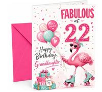 Granddaughter 22nd Birthday Card Flamingo on Roller Skates | Large A5 Card with Printed Inside Message; Cheerful flamingo-on-roller-skates with balloons for Granddaughter 22nd Birthday