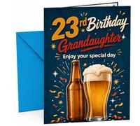 Granddaughter 23rd Birthday Card Beer Bottle and Pint Confetti | Large A5 Card with Printed Inside Message; Dark blue confetti with a beer bottle for Granddaughter 23rd Birthday
