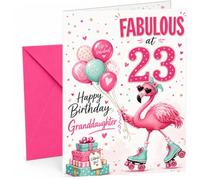 Granddaughter 23rd Birthday Card Flamingo on Roller Skates | Large A5 Card with Printed Inside Message; Cheerful flamingo-on-roller-skates with balloons for Granddaughter 23rd Birthday