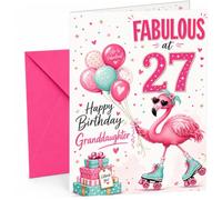 Granddaughter 27th Birthday Card Flamingo on Roller Skates | Large A5 Card with Printed Inside Message; Cheerful flamingo-on-roller-skates for Granddaughter 27th Birthday