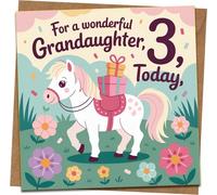 Granddaughter 3rd Birthday Card - “For a Wonderful Granddaughter, 3 Today” - Cute Pony Design - 145mm x 145mm - Includes Kraft Envelope