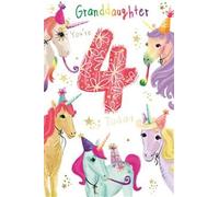 Granddaughter 4th Birthday Card - Magical Unicorn Design with Stars & Party Hats - Age 4 Girl Card - Includes Verse Inside - Colourful Children’s Greeting Card with Envelope