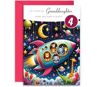 Granddaughter 4th Birthday Card - Space Rocket Design for a Special Granddaughter Age 4 with lovely verse inside. A5 with Fuchsia Envelope