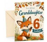 Granddaughter 6th Birthday Card Fox in Party Hat Autumn | Large A5 Card with Printed Inside Message; Adorable autumn woodland fox in a party hat for Granddaughter 6th Birthday