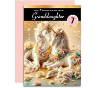 Granddaughter 7th Birthday Card - Magical Unicorns Design - Happy Birthday Card for Age 7 Granddaughter. A5 with Pink Envelope - Designed and Printed in the UK