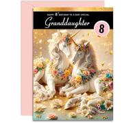 Granddaughter 8th Birthday Card - Magical Unicorns Design - Happy Birthday Card for Age 8 Granddaughter. A5 with Pink Envelope - Designed and Printed in the UK