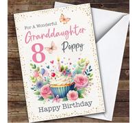 Granddaughter 8th Floral Cupcake Custom Personalised Birthday Card - Personalised Birthday Card For 8th Birthday, Custom Birthday Card