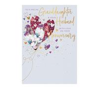 Granddaughter and Husband Anniversary Card - Floral Love Heart Balloons - Contemporary Design - Special Finishes and Illustrated Insert Leaf - Made in the UK - Eco-Friendly