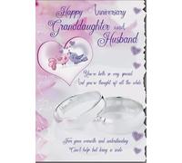 Granddaughter and Husband Anniversary Card, Pink Floral Design with Silver Rings, Romantic Verse, Includes Envelope