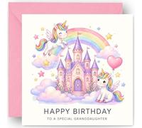 Granddaughter Birthday Card Gift for Girls - 3rd 4th 5th 6th 7th - Rainbow Unicorns Design - Happy Birthday Card for Granddaughter - Includes Pink Envelope - 14cm