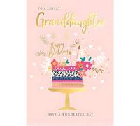Granddaughter Birthday Card - Lovely Granddaughter - Cake and Flowers - Contemporary Floral Design - Special Finishes and Illustrated Insert Leaf - Made in the UK - Eco-Friendly