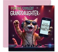 Granddaughter Birthday Card - Party DJ Cat - Happy Birthday Card for Granddaughter from Grandad Grandma, 145mm deejay cat Bday Greeting Cards