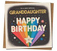 Granddaughter Birthday Card - To a Very Special Granddaughter - Rainbow Starburst and Stars - Happy Birthday - 145mm x 145mm, Includes Kraft Envelope