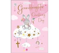 Granddaughter Christening Congratulations Card - Special Granddaughter - Rabbit and Stars - Special Finishes and Illustrated Insert Leaf - Made in the UK