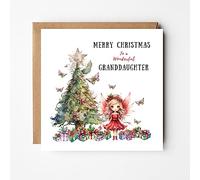Granddaughter Christmas Card, Fairy Card, Merry Christmas to a Wonderful Granddaughter. Watercolour Illustration of a Fairy and Fairy Christmas Tree