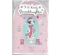 Granddaughter Christmas Card - “To A Lovely Granddaughter” Pink Dalmatian Dog Design, Foil Accents, 24 x 16 cm, with Envelope - Wishing You a Wonderful Christmas - From Grandparents