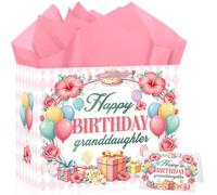 Granddaughter Happy Birthday Gift Bag Decorations with Greeting Card and Tissue Paper Pink Birthday Wrap Bag from Grandparents Colorful Balloons Wrapping Paper for Girls Her Teen from Grandma Grandpa