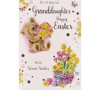 Granddaughter Happy Easter Greeting Card with Teddy Bear and Spring Flowers Design, 13 x 19 cm