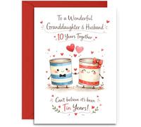 Granddaughter & Husband 10th Anniversary Card - Cute Tin Cans and Hearts Design - 10th Tin Anniversary Card - A5 Size Card with Red Envelope